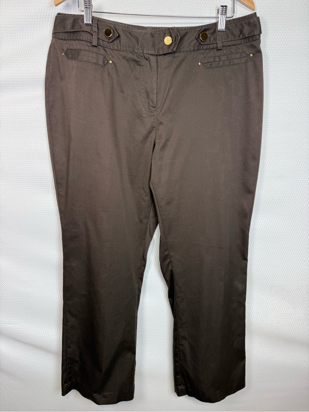 Peter Nygard Women’s Size 16 Brown Stretch Straight Leg Pants Gold Button Detail
